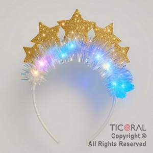 VINCHA 5 ESTRELLAS FLECOS LUMINOSA ORO X 12